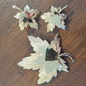 Vintage Monet Maple Leaf Brooch and Clip Earring Set Goldtone